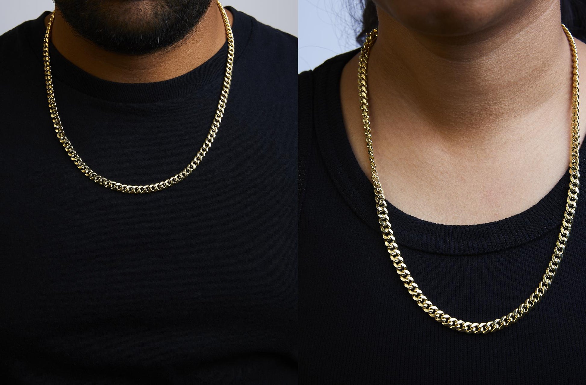 Side-by-side front close-up view of two models wearing yellow chain necklaces against black tops.