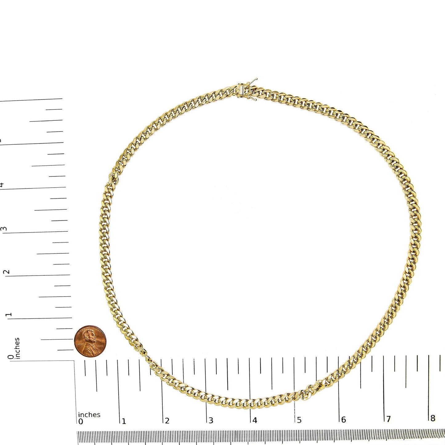 Yellow chain necklace laid flat on a white surface with rulers and a coin for size reference, shot from above.