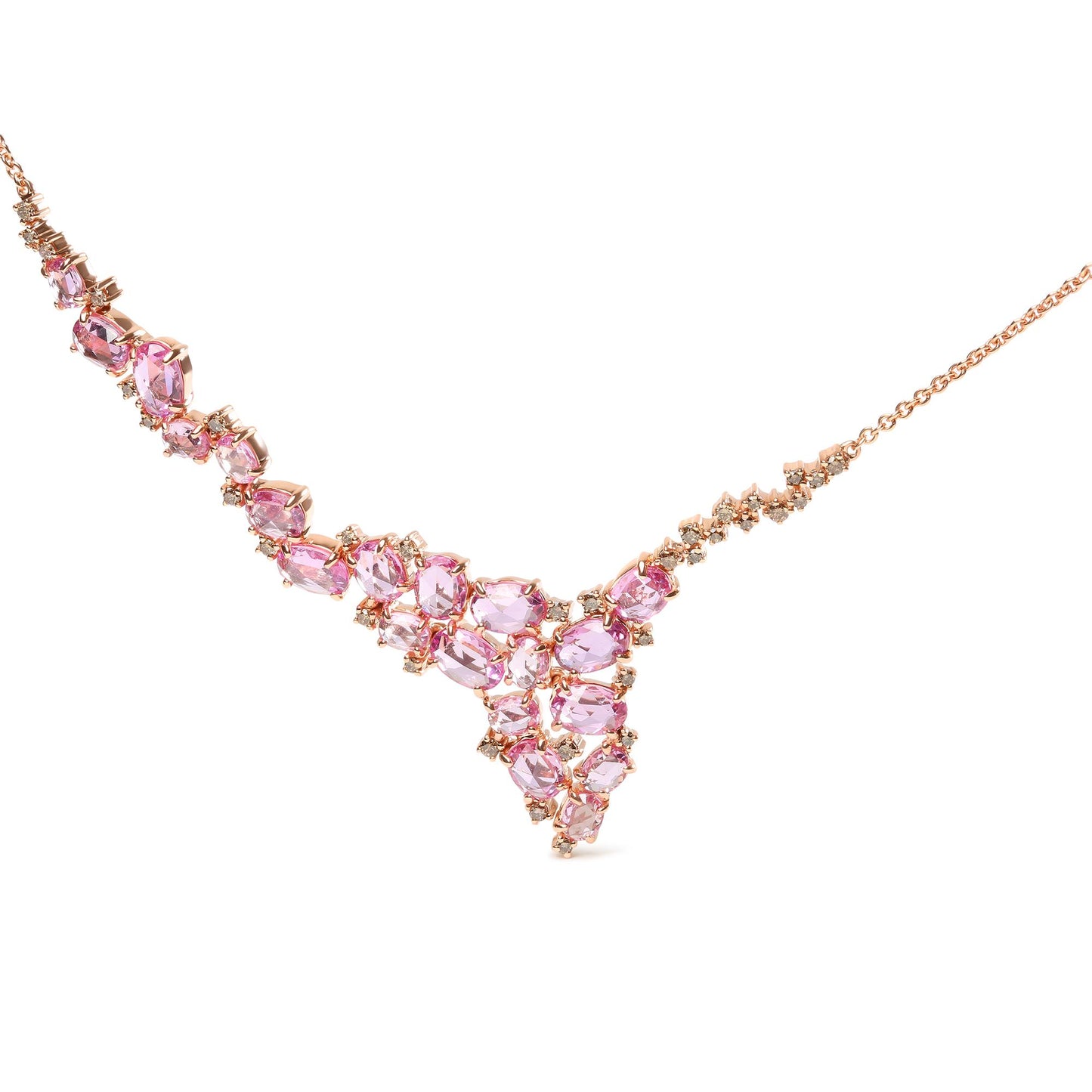 Rose metal necklace with pink oval-shaped gemstones and small round brown gemstones in prong settings, front angle view.