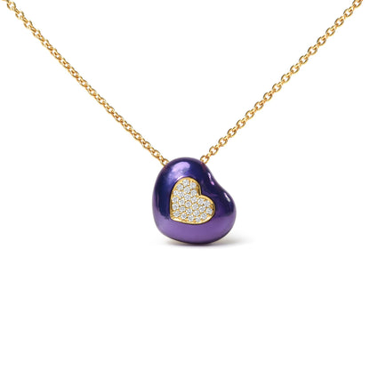Yellow metal necklace with a purple heart-shaped pendant featuring a smaller heart inset with white round pave-set gemstones, shown from a front angle.