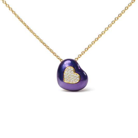Yellow metal necklace with a purple heart-shaped pendant featuring a smaller heart inset with white round pave-set gemstones, shown from a front angle.