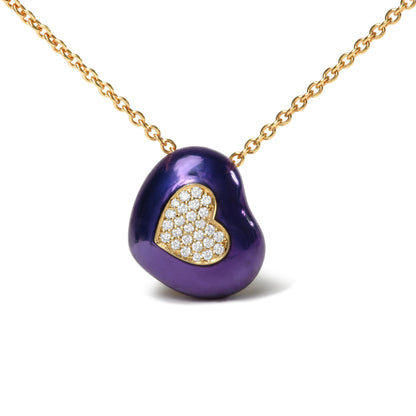 Close-up front angle of a yellow metal necklace with a purple irregular-shaped pendant featuring a heart-shaped inset of white gemstones in pave setting.