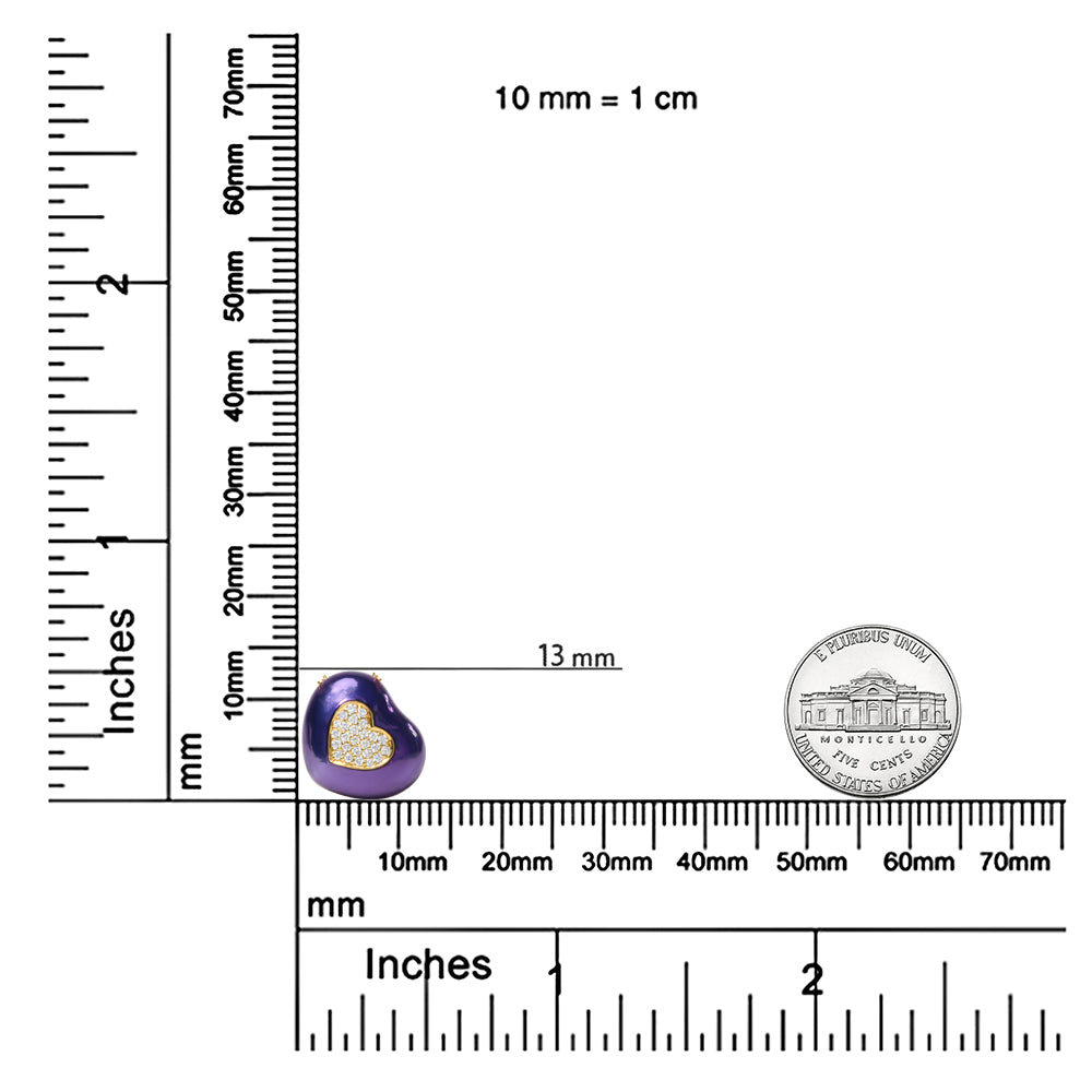 Close-up front angle of yellow necklace pendant shaped as a purple heart with a smaller heart outlined with round white gemstones in pave setting, placed on a ruler and scale for size reference.