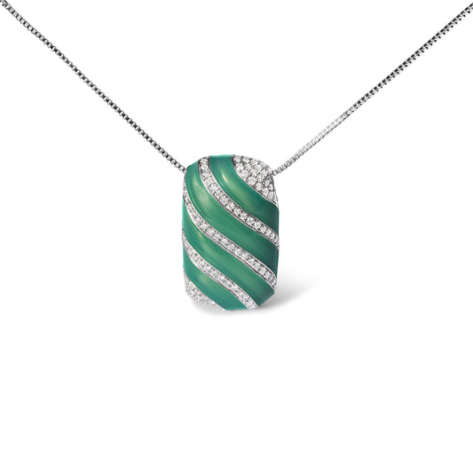 Front-facing shot of a white metal necklace with a rectangular pendant featuring diagonal green stripes alternating with rows of small round white gemstones.