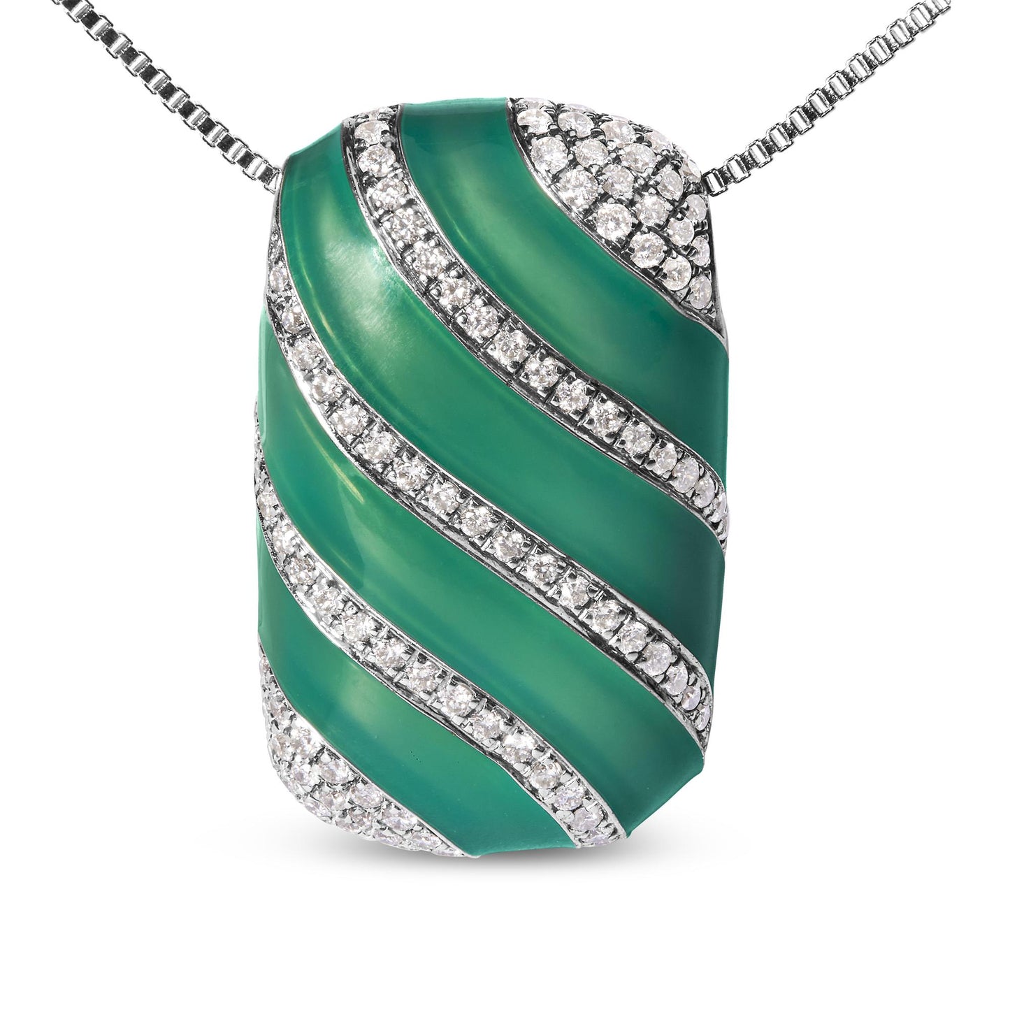 Close-up front view of a white metal necklace with a rectangular pendant featuring diagonal green insets bordered with rows of white gemstones in prong settings.