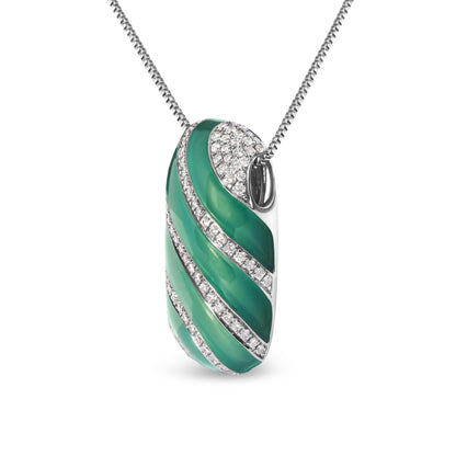 Close-up front angle of a white metal necklace pendant with alternating diagonal stripes of green enamel and rows of small round white gemstones in prong setting.