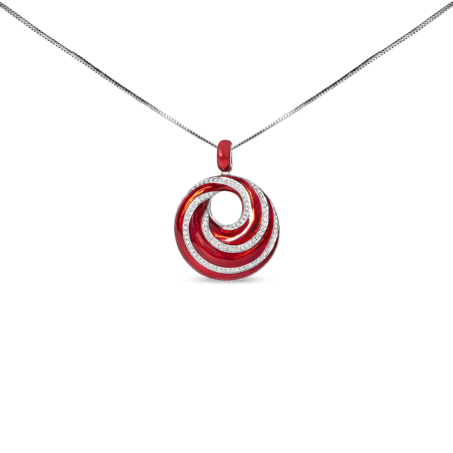 Front view of a white metal necklace with a round red pendant featuring swirling bands accented with white gemstones.