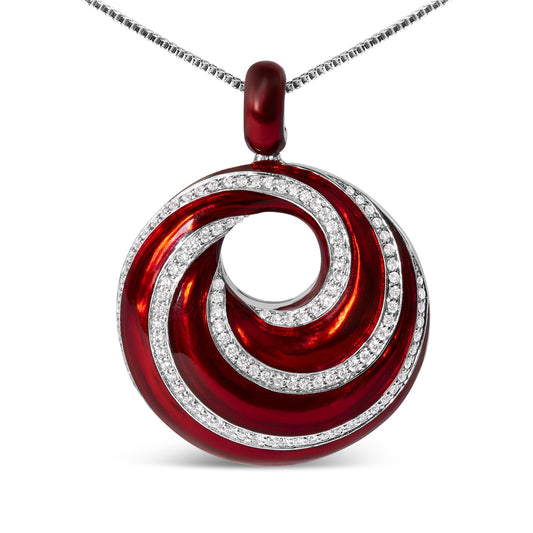 Close-up front view of a white metal necklace with a circular pendant featuring red enamel swirl design accented with rows of round white gemstones in prong settings.