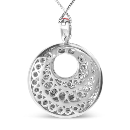 Close-up front view of a white metal circular necklace pendant with intricate openwork design and round white gemstones set in prongs, hanging from a white metal chain.