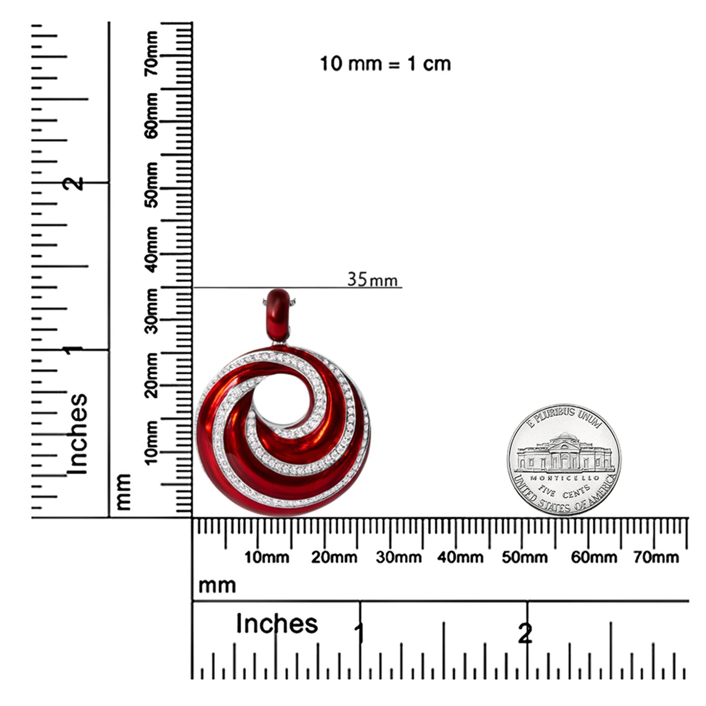 Top-down view of a white metal circular necklace pendant with red enamel swirls accented by rows of white round prong-set gemstones, shown on a ruler and coin for size reference.