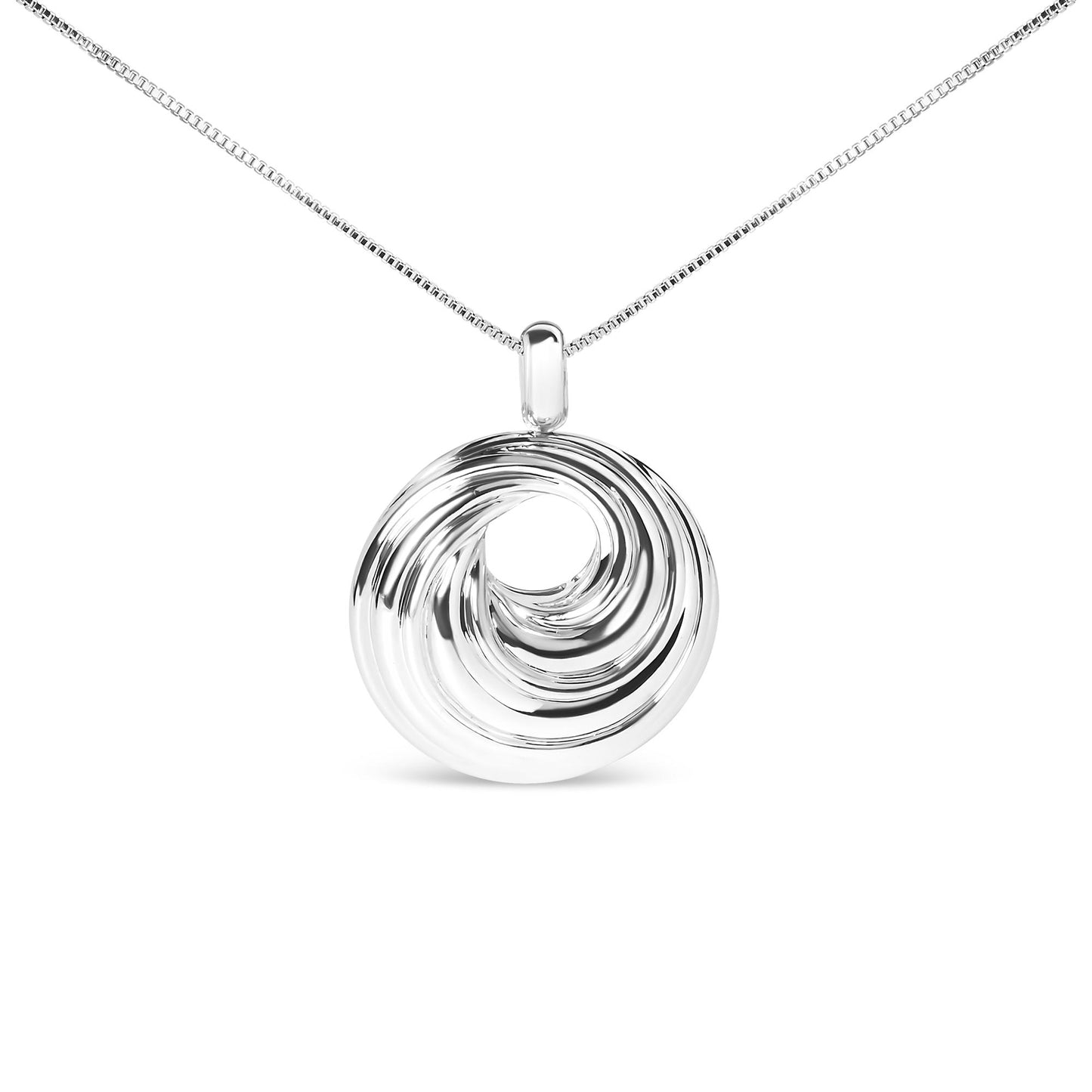 Front view of a white metal necklace with a circular, swirl-patterned pendant on a chain.