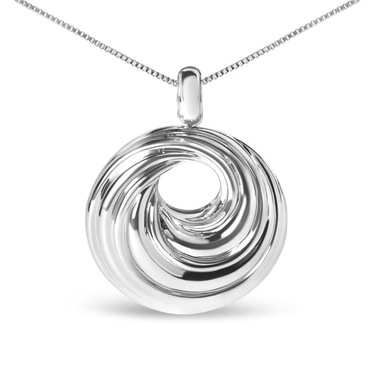 Front view of a white metal necklace with a circular pendant featuring a twisted, hollow swirl design.