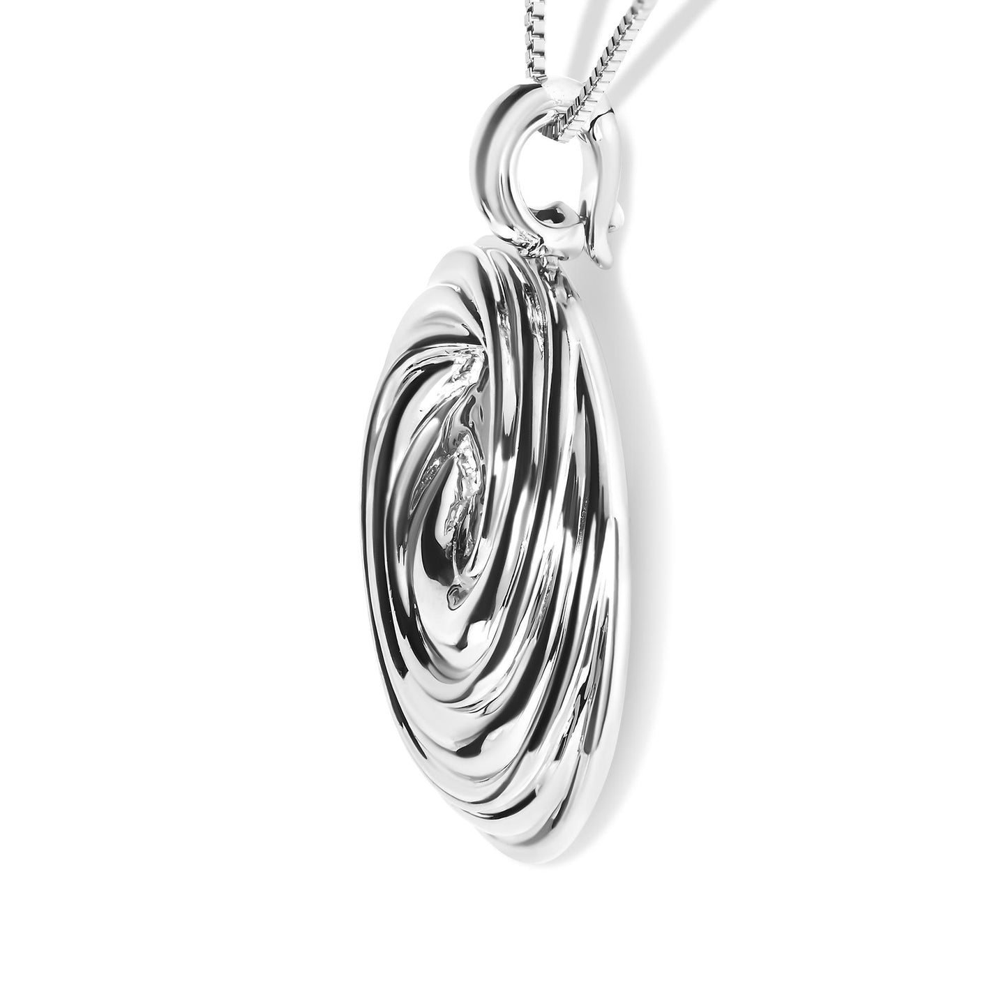 Close-up front angle of a white metal necklace pendant with a smooth, swirling, oval design.