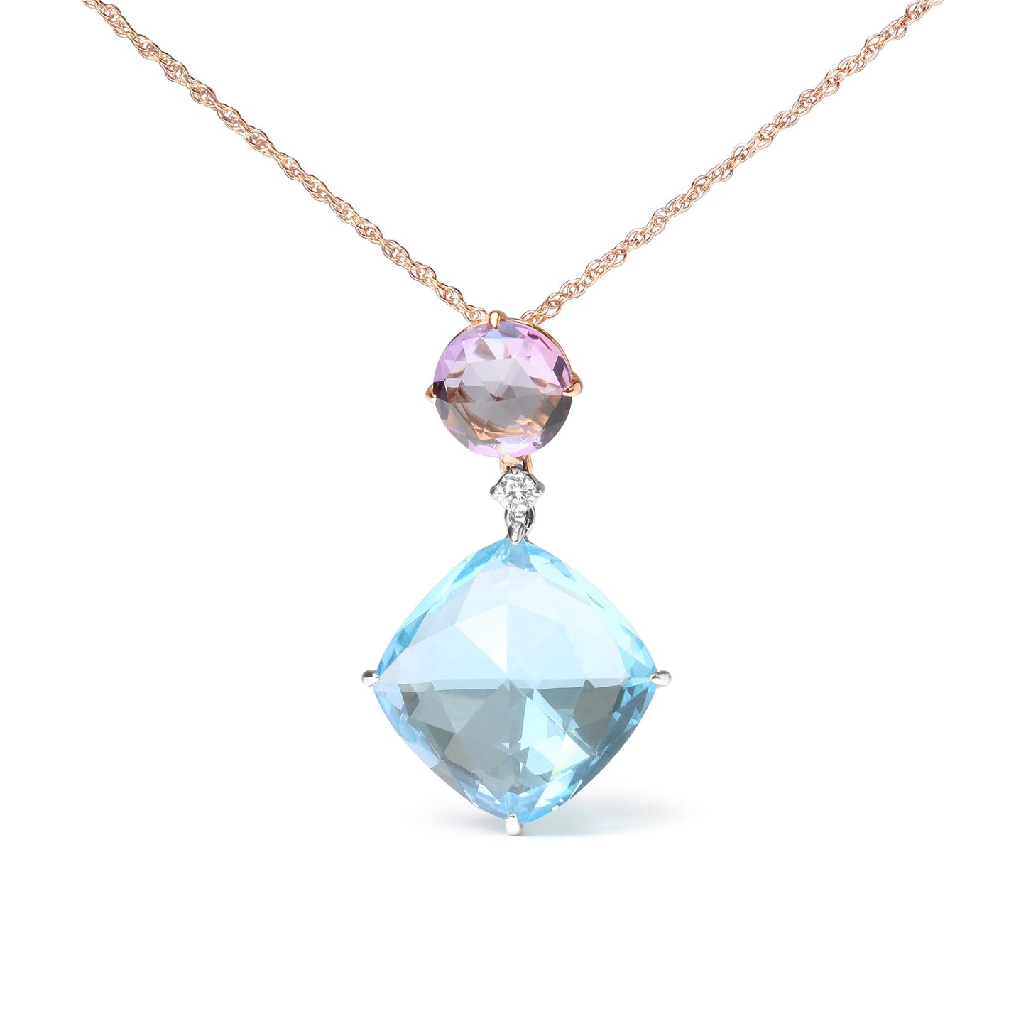 Front view of a white and rose metal necklace with a pink round gemstone above a small white gemstone and a large blue cushion-shaped gemstone pendant.