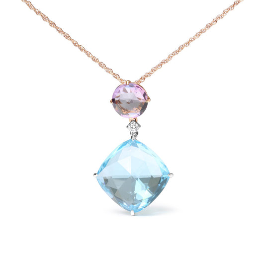Front view of a white and rose metal necklace with a pink round gemstone above a small white gemstone and a large blue cushion-shaped gemstone pendant.