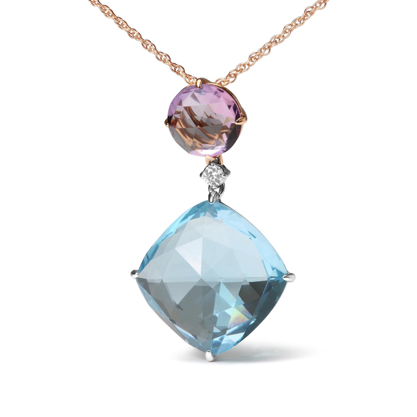 Close-up front view of a necklace with a rose-colored chain featuring a pink round gemstone at the top, a small white round gemstone in the middle, and a larger blue cushion-shaped gemstone at the bottom.