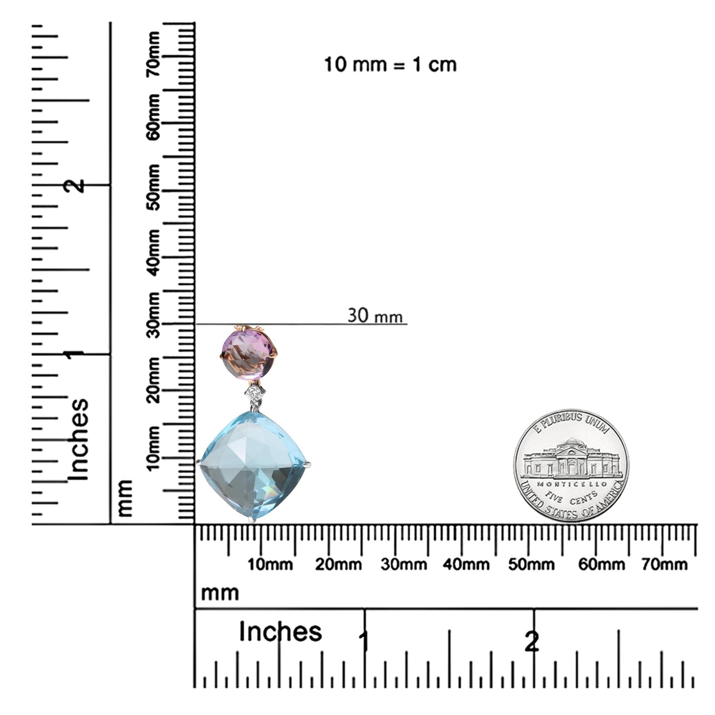 Close-up front view of a necklace pendant on a ruler for size reference, featuring a round pink gemstone set in rose metal, connected to a round white gemstone, above a cushion-shaped blue gemstone in white metal.