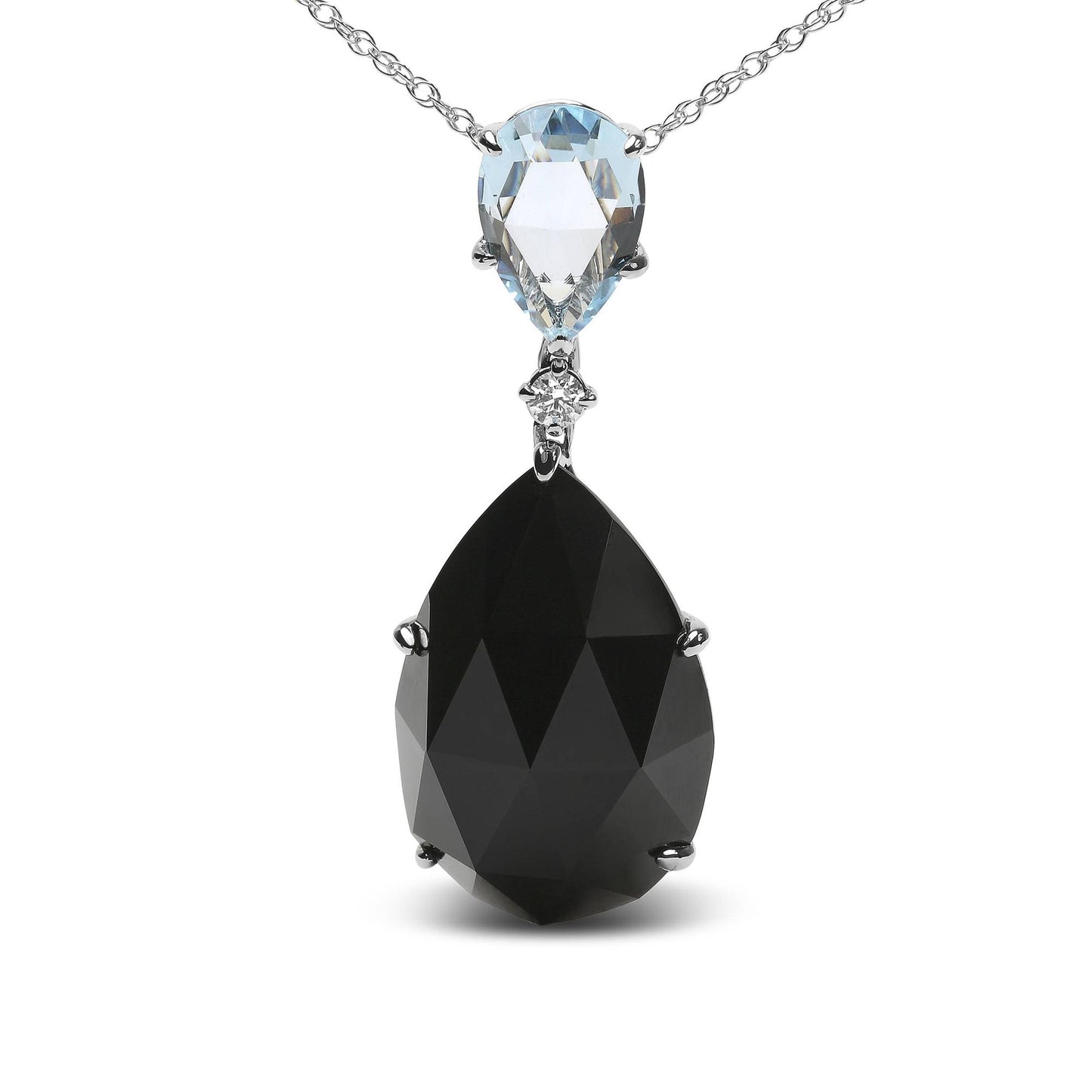 Front view of white metal necklace with a large pear-shaped black gemstone, smaller pear-shaped blue gemstone above it, and a round white gemstone between them.