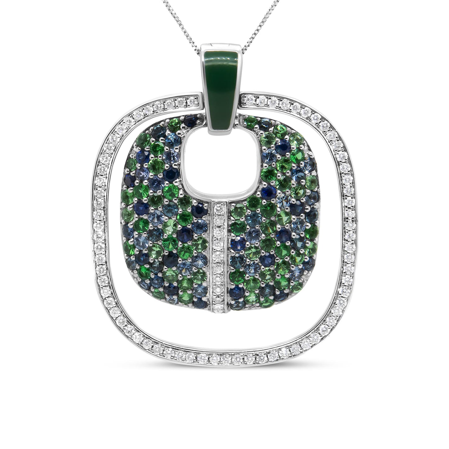 Front view of a white metal necklace pendant with an outer square frame set with white gemstones and an inner rounded square decorated with blue and green gemstones, and a green gemstone at the loop.