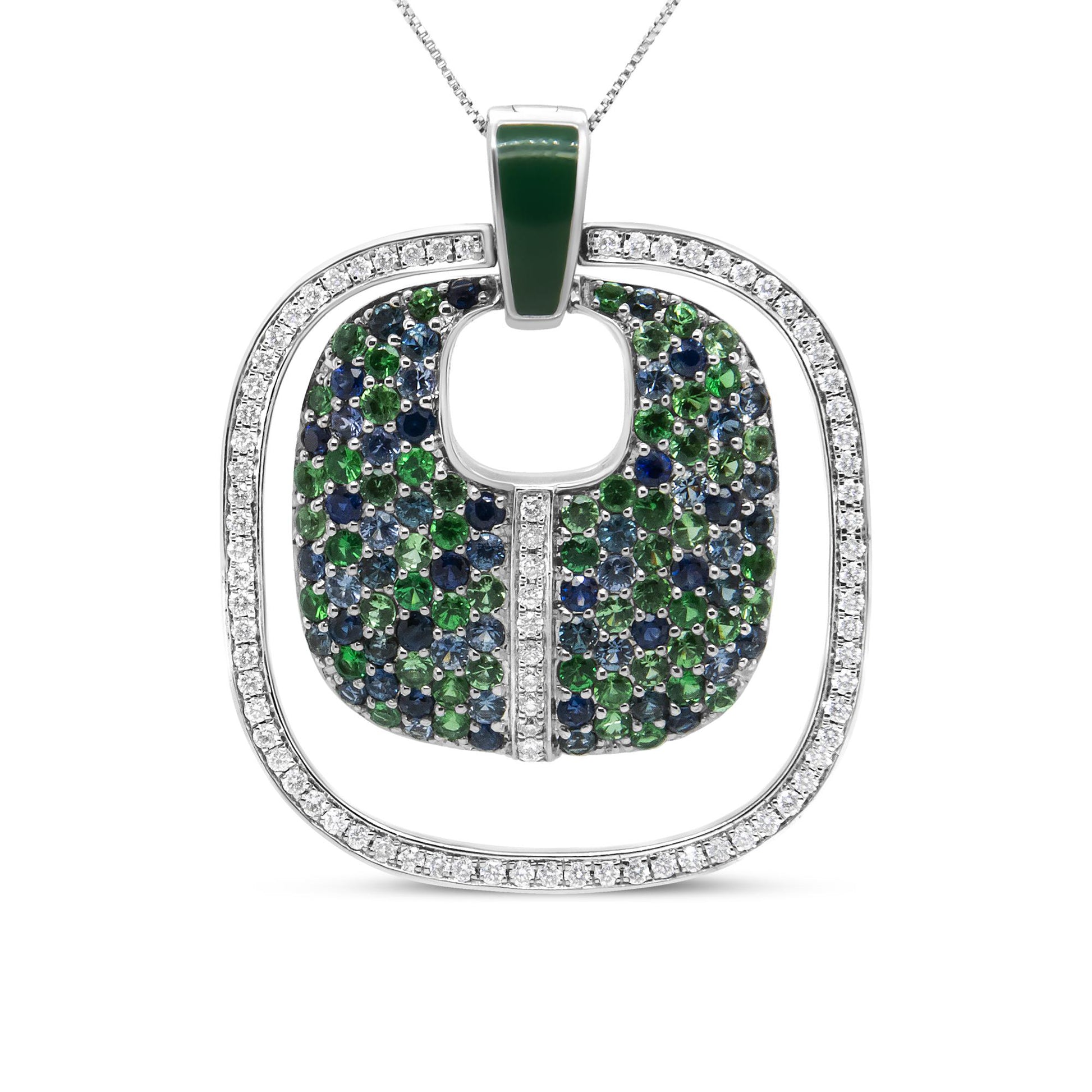 Front view of a white metal necklace pendant with an outer square frame set with white gemstones and an inner rounded square decorated with blue and green gemstones, and a green gemstone at the loop.