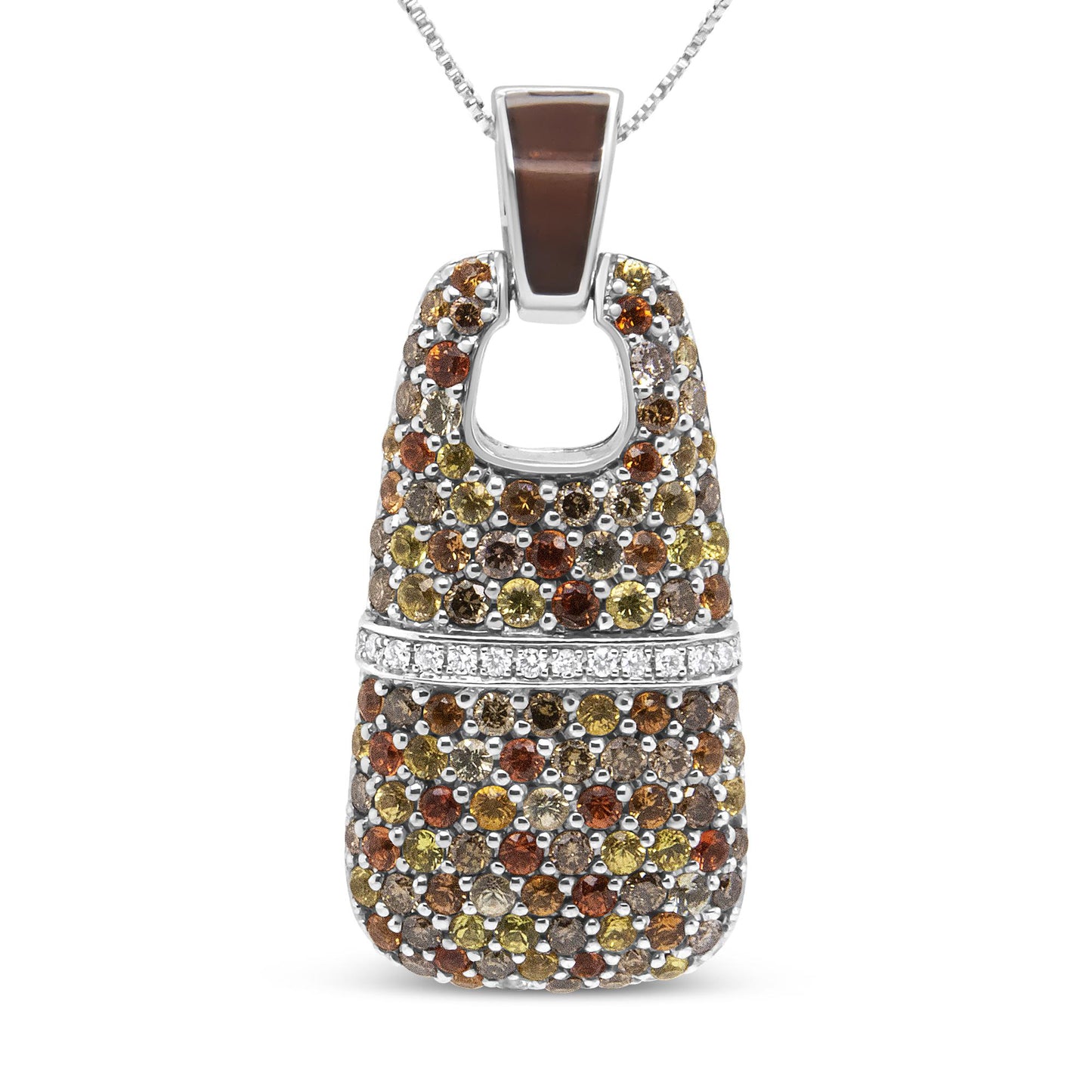 Close-up front view of a white necklace pendant with round red, brown, yellow, and white gemstones in prong and shared prong settings.