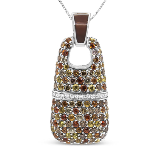 Close-up front view of a white necklace pendant with round red, brown, yellow, and white gemstones in prong and shared prong settings.