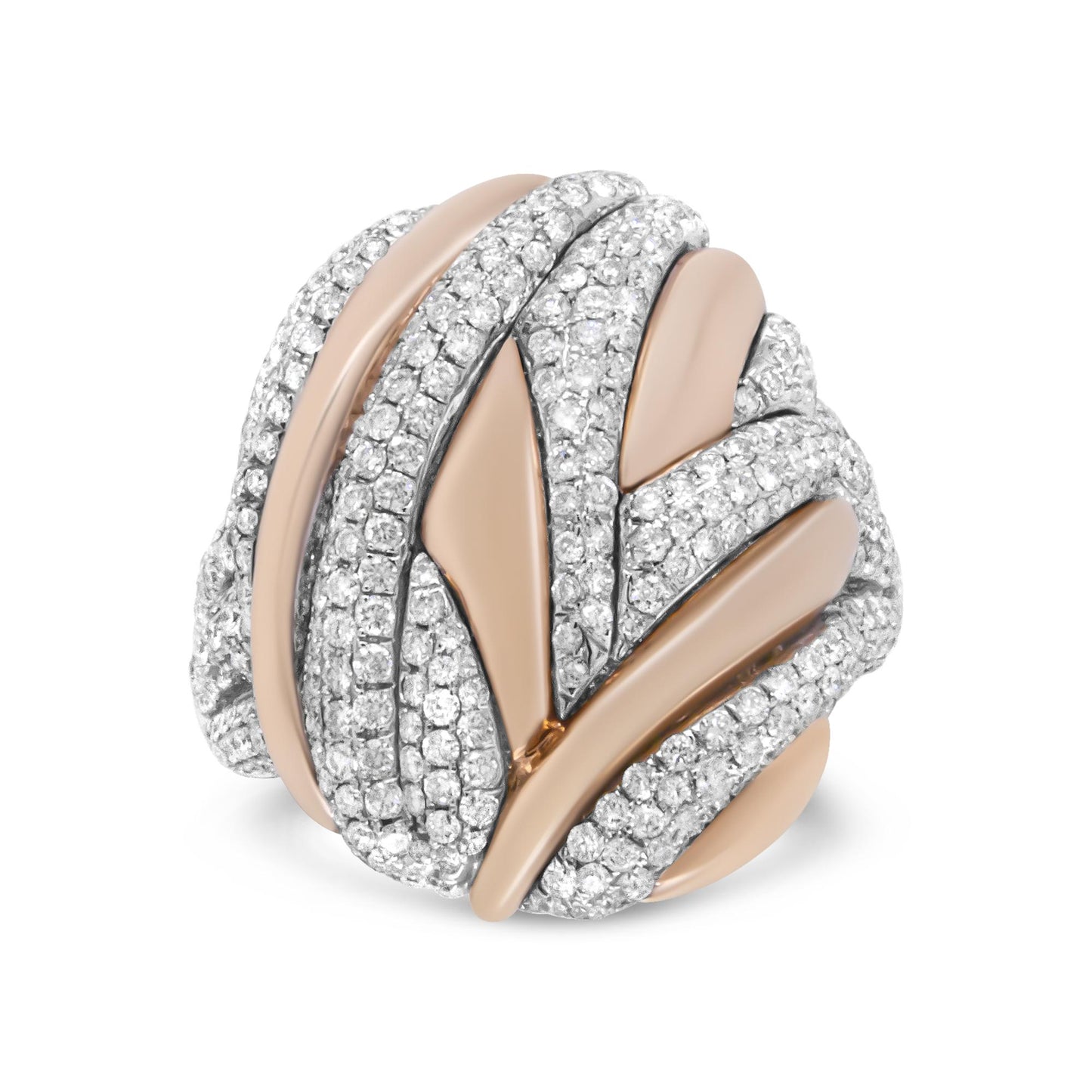 Close-up front angle of a ring featuring intertwined white and rose metal bands with multiple rows of small white gemstones in a pave setting.