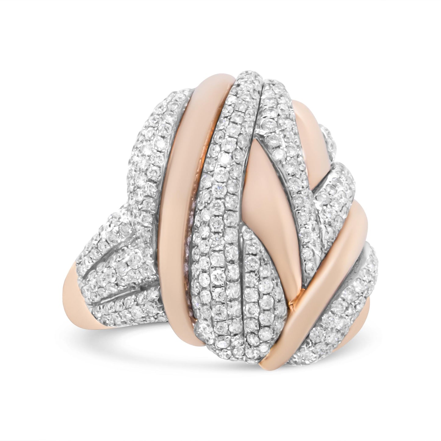 Close-up front angle of a white and rose metal ring featuring intertwined twisted bands with white pave-set round gemstones.