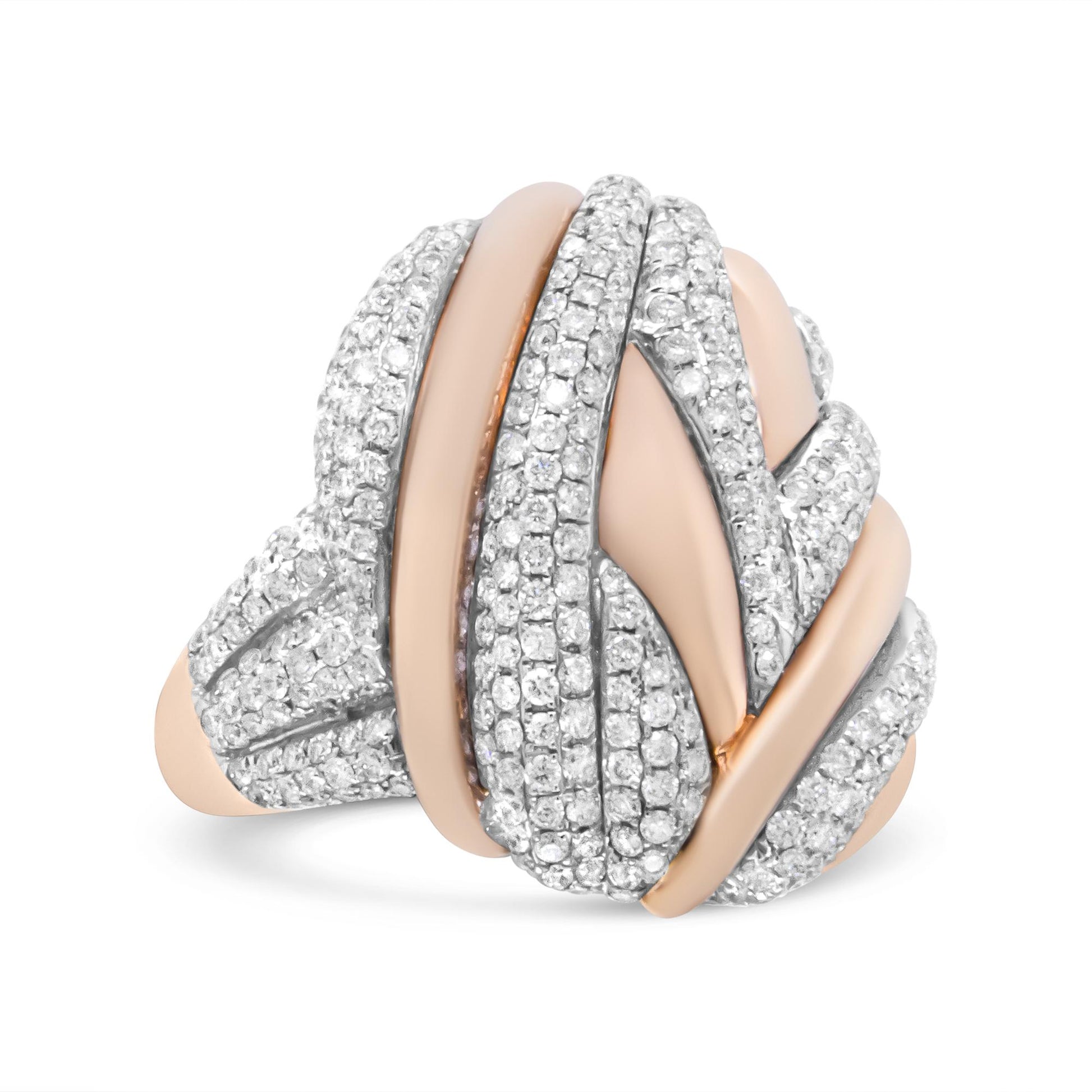Close-up front angle of a white and rose metal ring featuring intertwined twisted bands with white pave-set round gemstones.