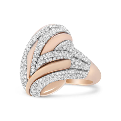 Close-up front angle of a two-tone white and rose metal ring featuring intertwined bands adorned with numerous small white gemstones in pave settings.