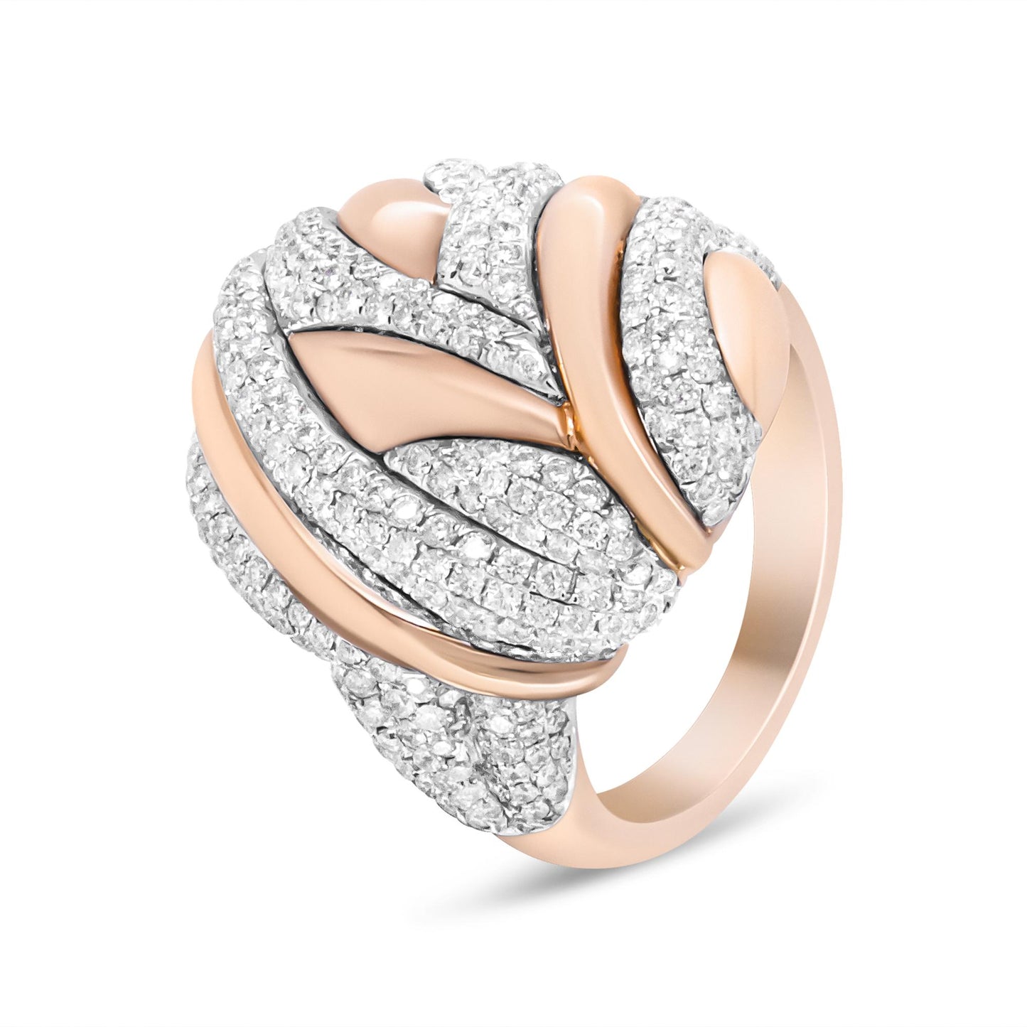 Angle view of a ring featuring intertwined bands of white and rose metal with multiple rows of round white gemstones in pave setting.