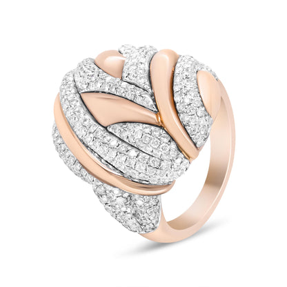 Angle view of a ring featuring intertwined bands of white and rose metal with multiple rows of round white gemstones in pave setting.