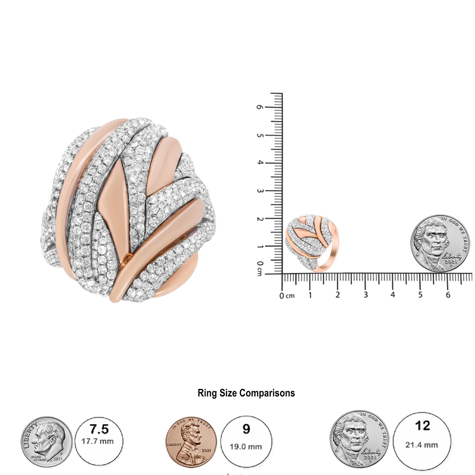 Close-up front angle of a white and rose color ring with multiple rows of white gemstones in pave setting, shown on a scale with a coin for size reference.