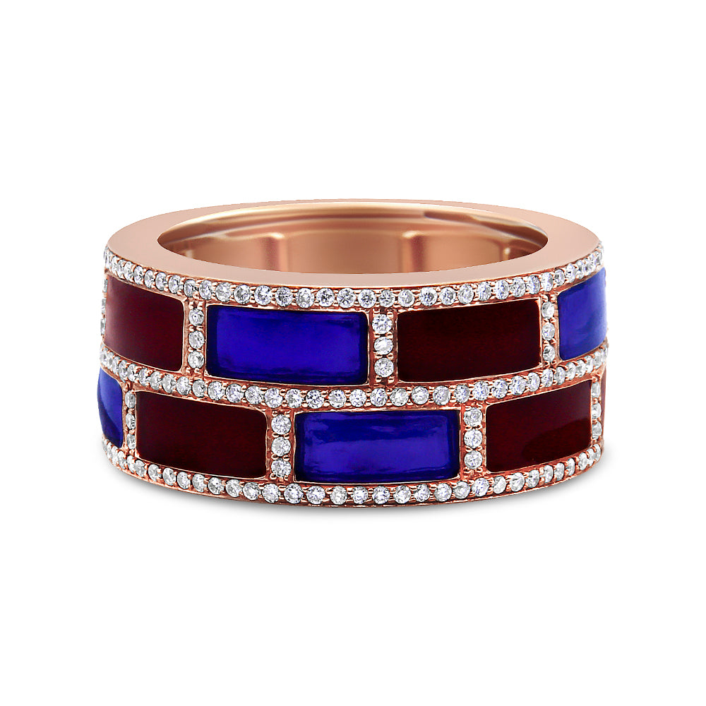Rose-colored ring with alternating rectangular dark red and blue inlays, bordered with rows of small white gemstones, shown in a close-up front angle.