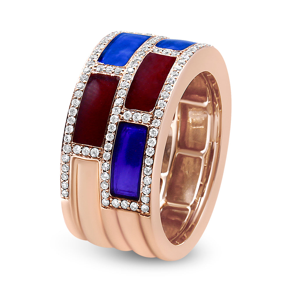 Close-up front angle of a rose-colored ring featuring rectangular blue and red inlaid sections bordered by rows of small round white gemstones in shared prong settings.