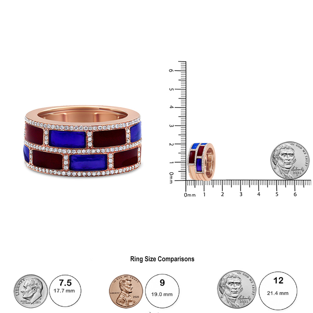 Rose metal ring with rectangular red and blue enamel sections bordered by two rows of small round white gemstones, shown from front angle and on a ruler with a coin for size reference.
