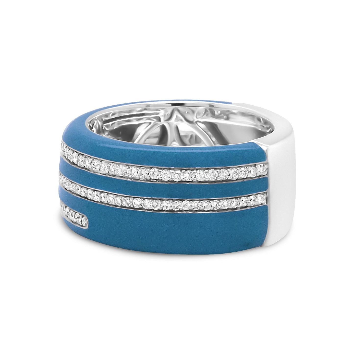 White metal ring with blue enamel bands and two rows of round white gemstones in a pave setting, shown from a side angle.
