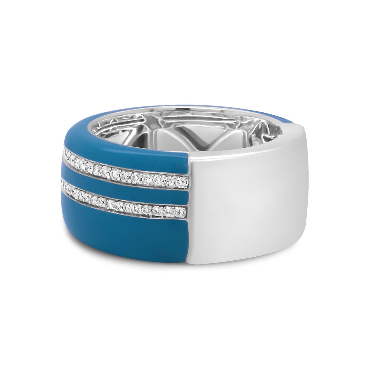 White metal ring with two horizontal rows of small round white gemstones set in pave, featuring blue enamel detailing, shown from a front angle.