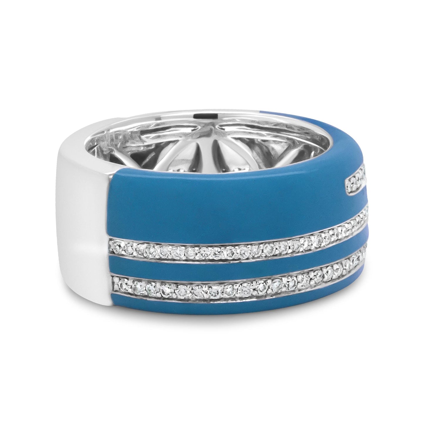 Close-up front angle of a white metal ring featuring two rows of pave-set round white gemstones, with wide blue enamel bands between and above the rows.