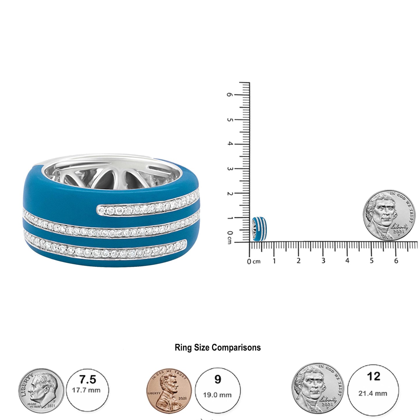 White metal ring with blue enamel and three rows of round white gemstones in pave setting, shown in a close-up angled front view, next to a ruler and coins for size reference.