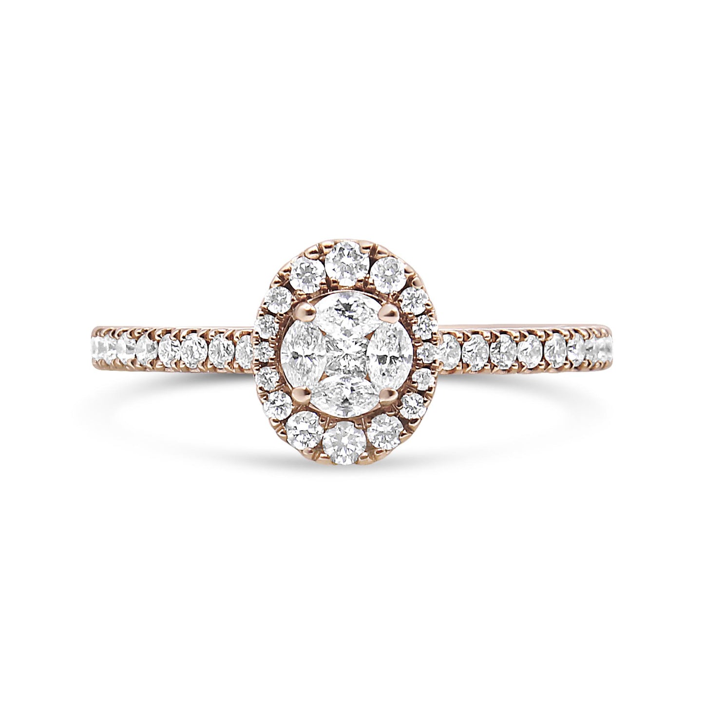 Front-facing view of a rose metal ring featuring a cluster of round and marquise-shaped white gemstones in shared prong settings around a central princess-shaped white gemstone in a channel setting, with additional round white gemstones set along the band.