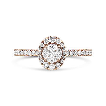 Front-facing view of a rose metal ring featuring a cluster of round and marquise-shaped white gemstones in shared prong settings around a central princess-shaped white gemstone in a channel setting, with additional round white gemstones set along the band.