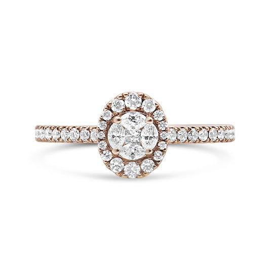 Front-facing view of a rose metal ring featuring a cluster of round and marquise-shaped white gemstones in shared prong settings around a central princess-shaped white gemstone in a channel setting, with additional round white gemstones set along the band.