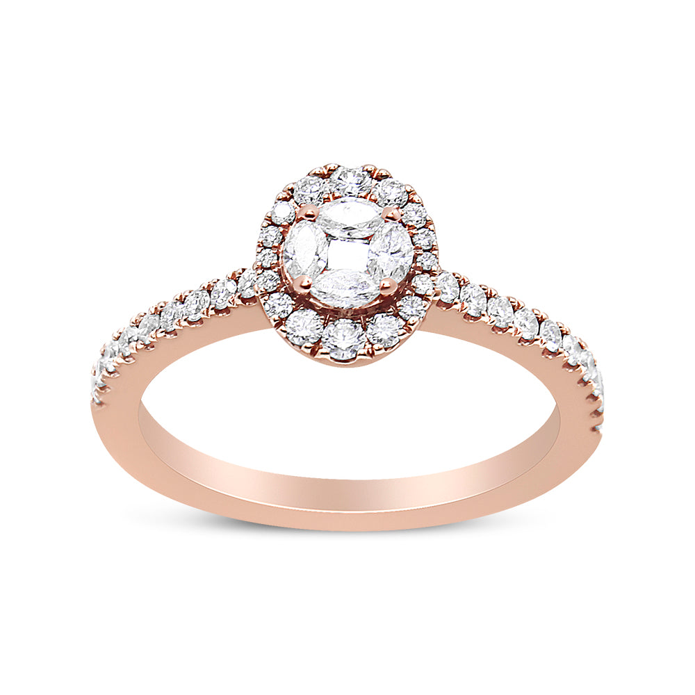 Rose metal ring with an oval cluster of marquise and round white gemstones, surrounded by a halo of round white gemstones, with additional round white gemstones set along the band, shown at a slight angle.