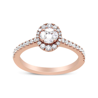 Rose metal ring with an oval cluster of marquise and round white gemstones, surrounded by a halo of round white gemstones, with additional round white gemstones set along the band, shown at a slight angle.