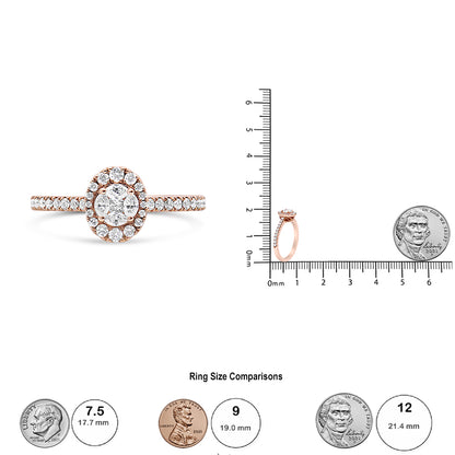 Rose metal ring with a round center cluster of white gemstones surrounded by a halo of smaller round white gemstones, additional round white gemstones set along the band, shown from the front and side angles next to rulers and coins for size reference.