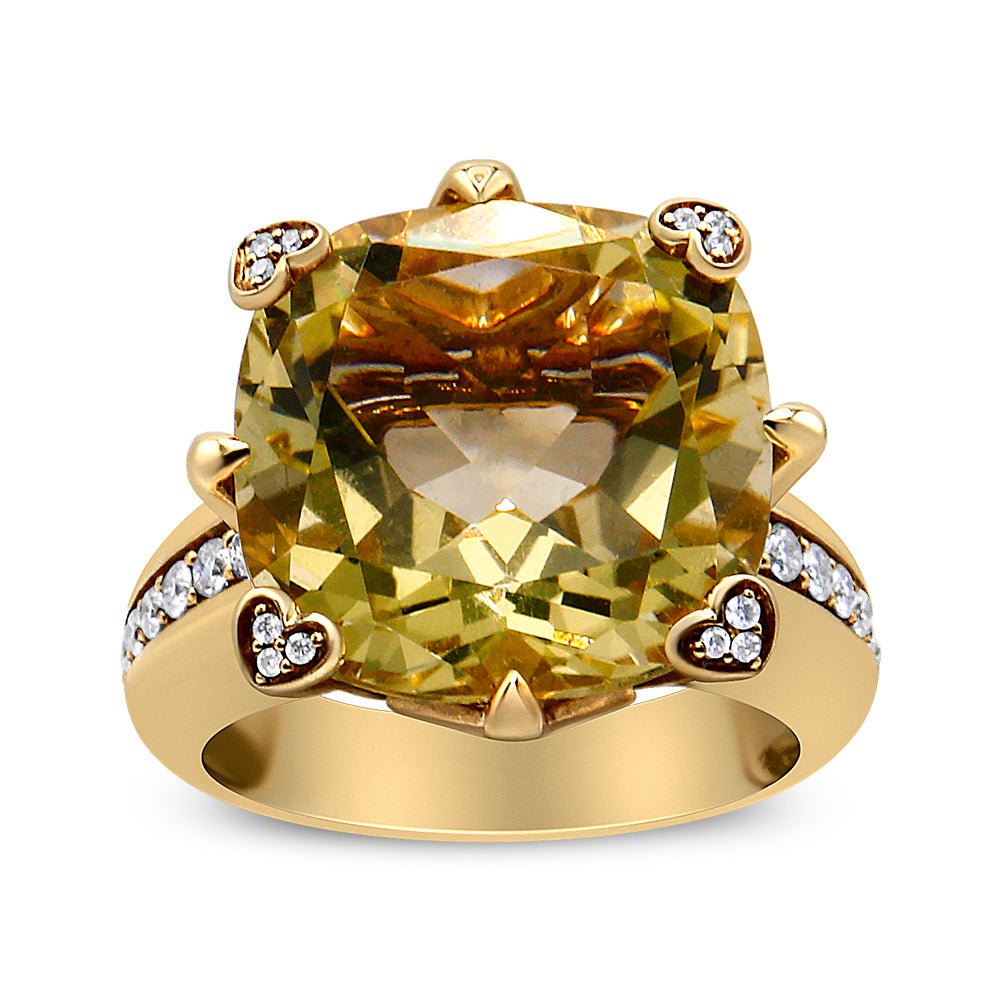 Front-facing shot of a yellow ring featuring a large cushion-shaped lemon-colored gemstone in the center with prong setting, surrounded by multiple small round white gemstones in shared prong settings on the band and heart-shaped accents around the central stone.