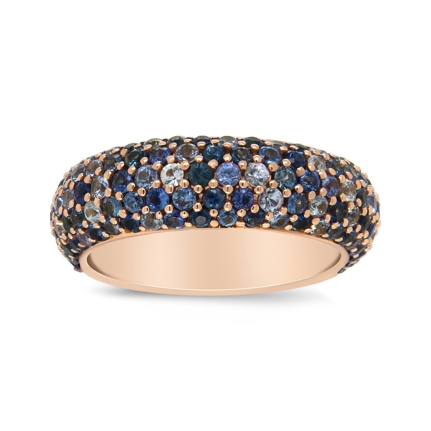 Rose metal band ring with multiple round blue gemstones in prong settings, shown in a close-up side angle.