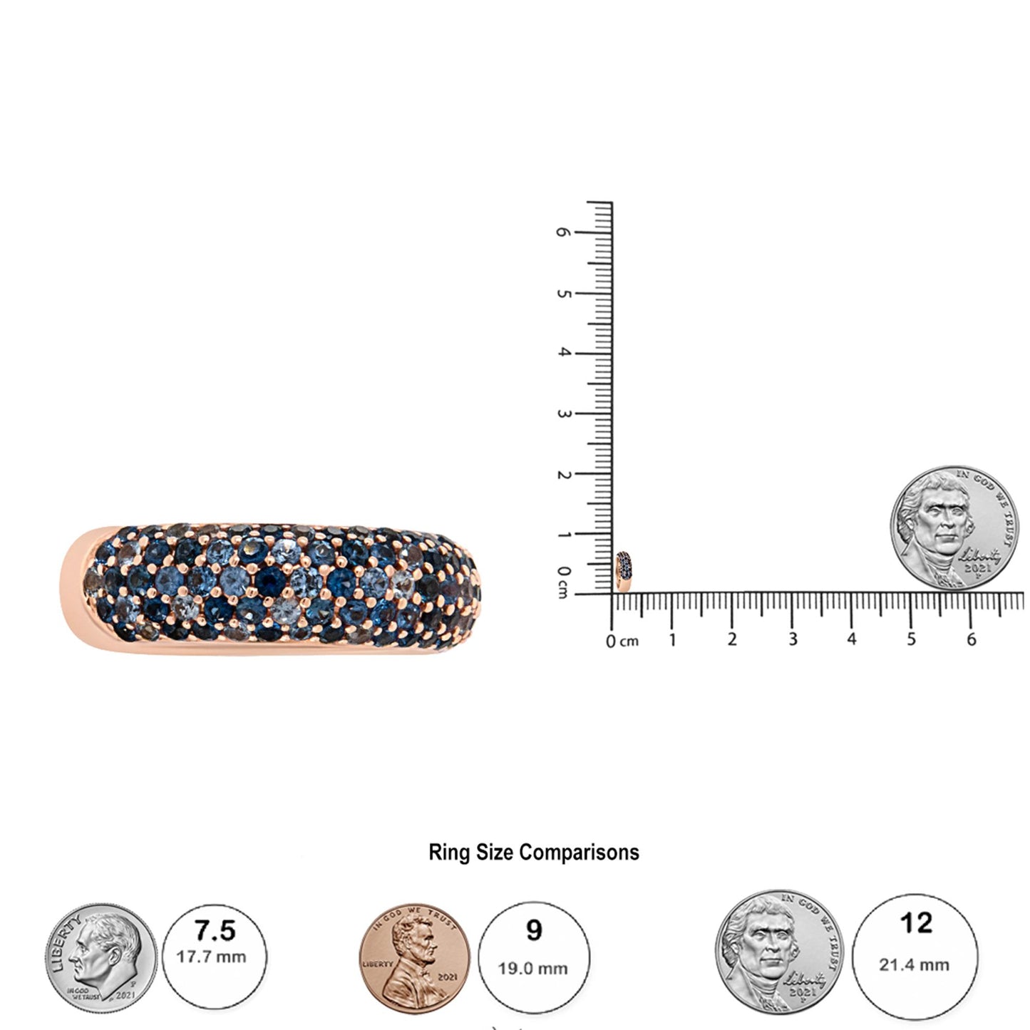 Close-up front view of a rose-colored ring encrusted with multiple small round blue gemstones in prong settings, shown next to a ruler and coins for size reference.