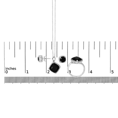Sterling Silver Cushion Onyx 3-Piece Jewelry Set Ring Earrings Pendant 18 Inch Cable Chain